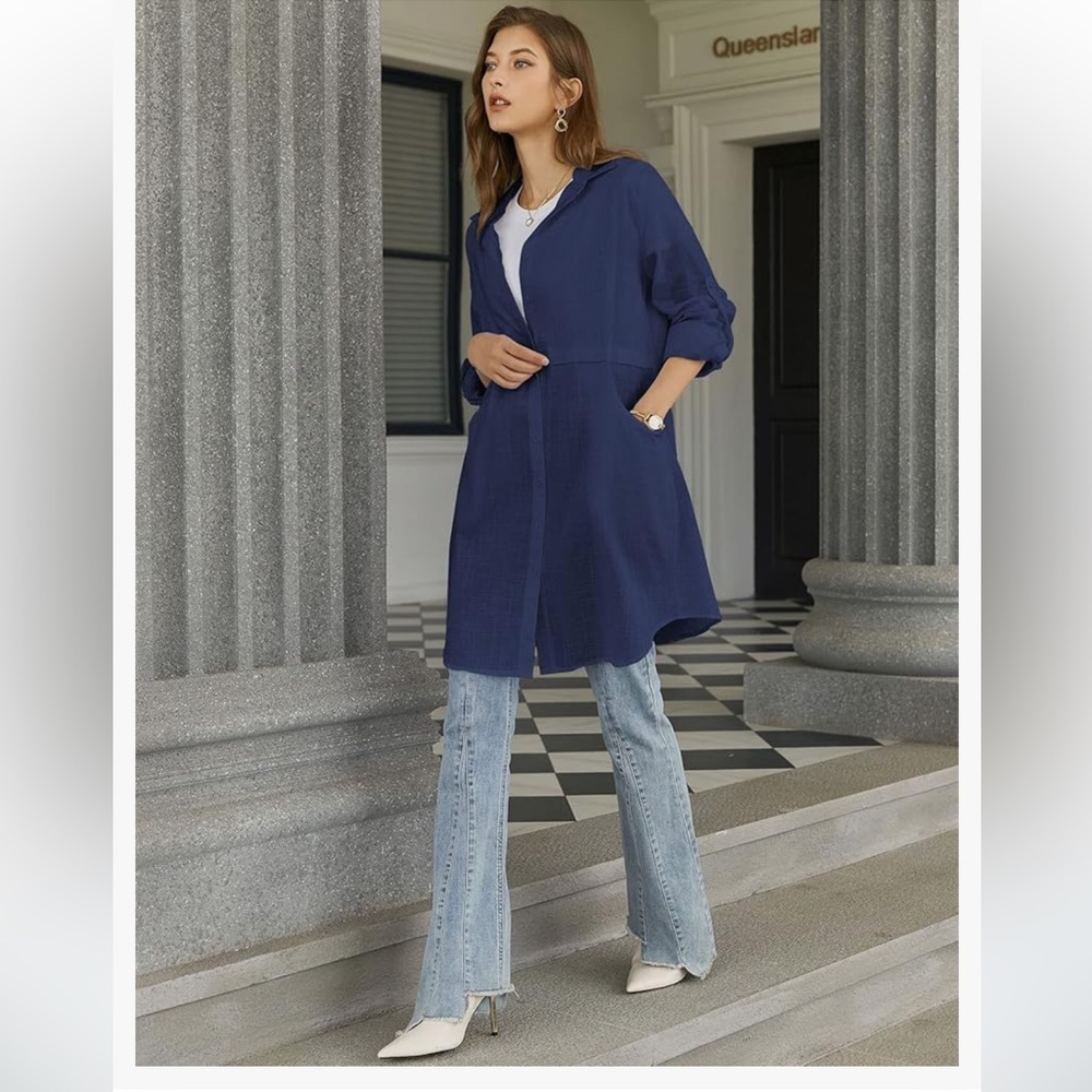 🆕 RESERVED EB Women's Cuffed Sleeve Collared Button Down Shirt Dress Cover-Up M - Picture 2 of 11